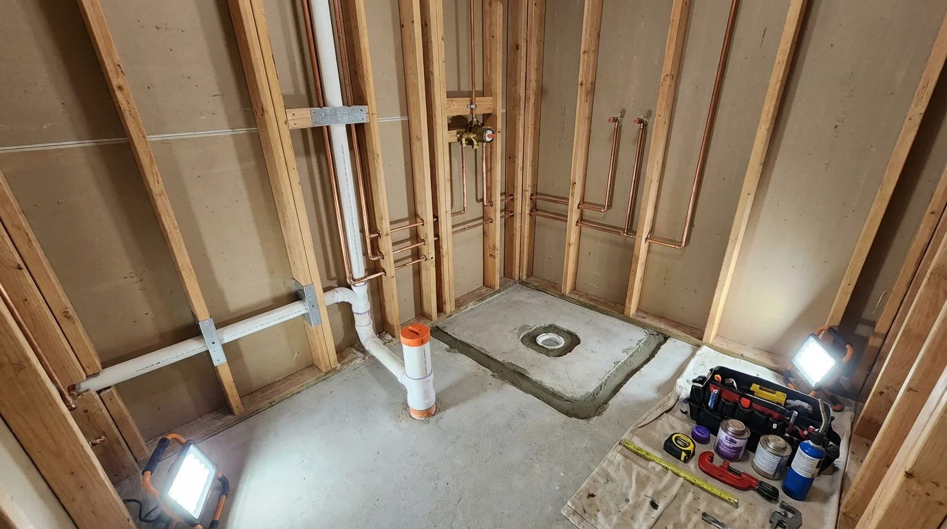 Bathroom rough-in plumbing during remodel by Johns Plumbing LLC in North Olmsted