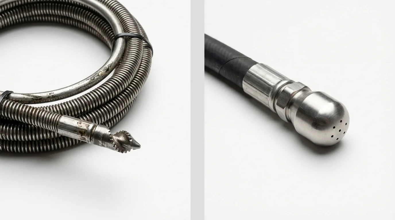 Drain snake cable and hydro jetting nozzle used for drain cleaning in North Olmsted, OH
