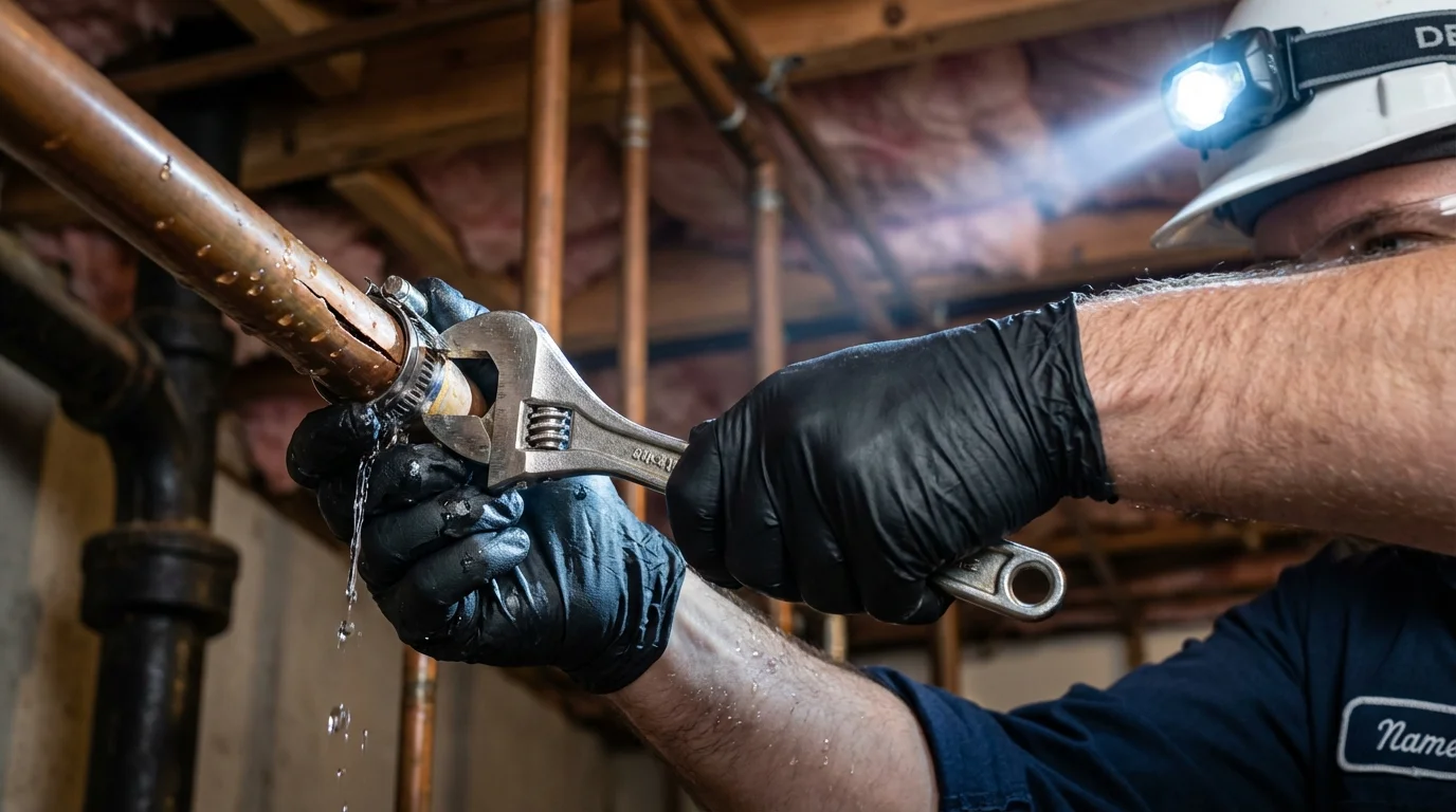 Emergency pipe clamp repair being performed by a Johns Plumbing LLC plumber in North Olmsted