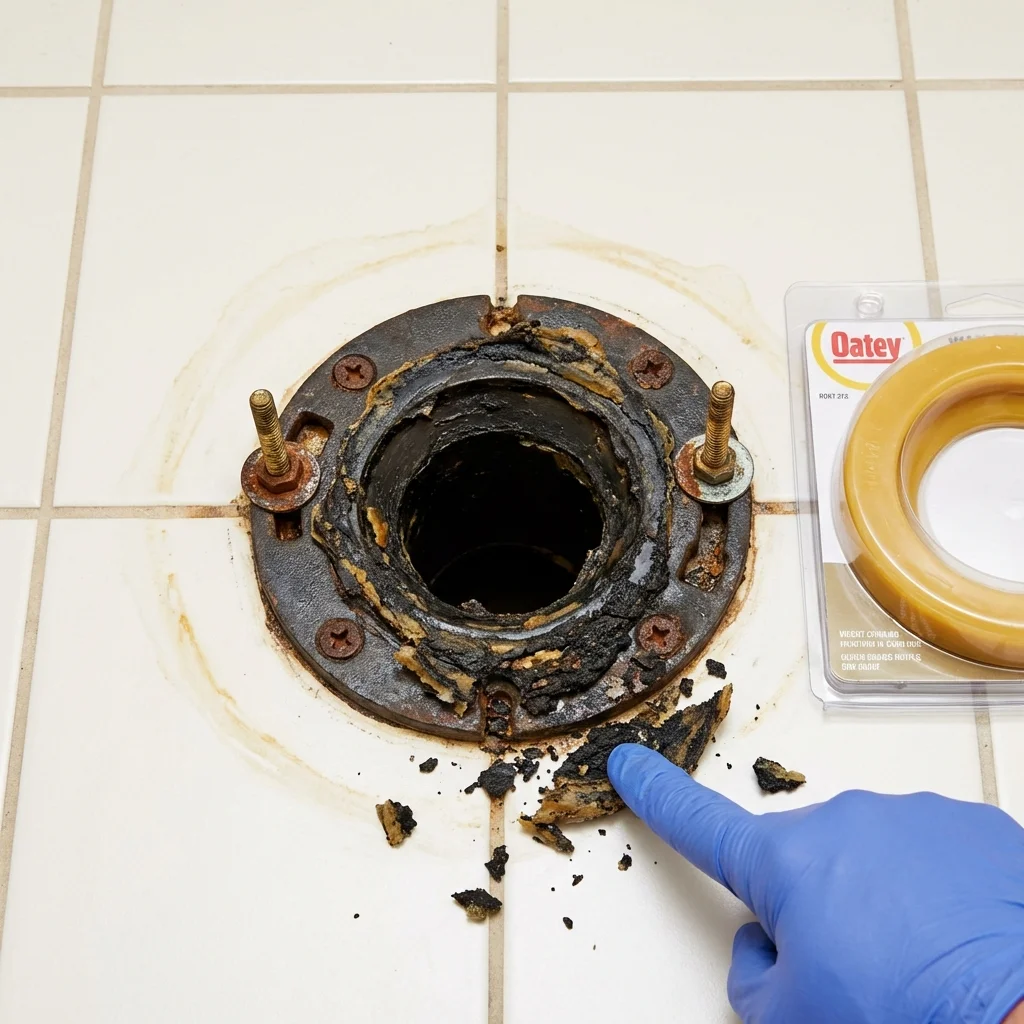 Failed wax ring showing water seepage at the base of a toilet in a North Olmsted, OH home