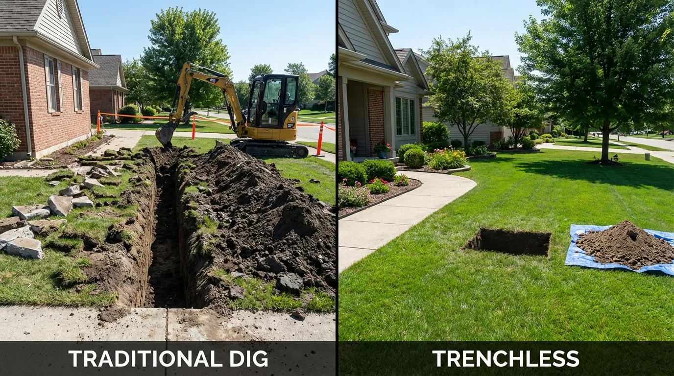 Trenchless sewer repair with minimal yard damage versus traditional excavation in North Olmsted, OH