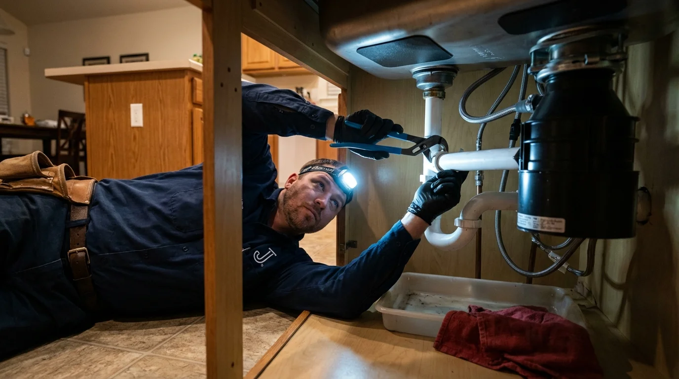P-trap and supply line connections under a kitchen sink showing a common leak point in North Olmsted, OH